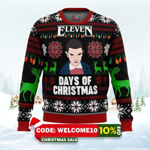 stranger things eleven days of xmas ugly christmas sweater 1