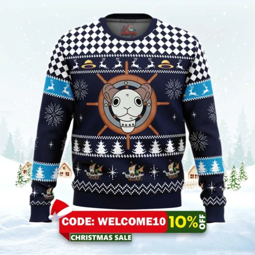 straw hat pirates ship going merry one piece ugly christmas sweater 1