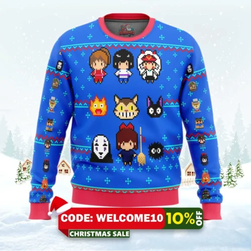 studio ghibli blue ugly christmas sweater 1