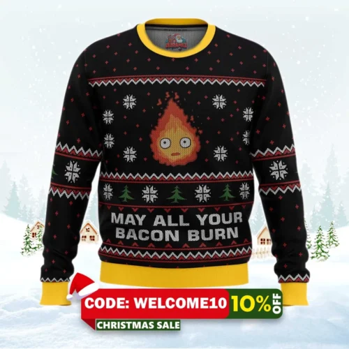 studio ghibli may all your bacon burn calcifer ugly christmas sweater 1