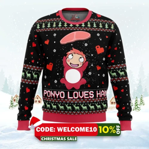 studio ghibli ponyo loves ham miyazaki ugly christmas sweater 1