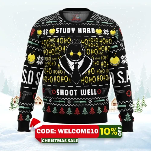 study hard shoot well assassination classroom ugly christmas sweater 1