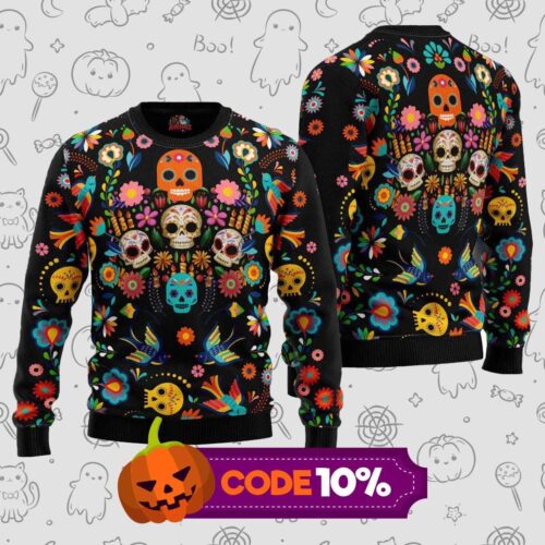 Sugar Skull Ugly Halloween Sweater – Day of the Dead Spooky Knit  Auramez