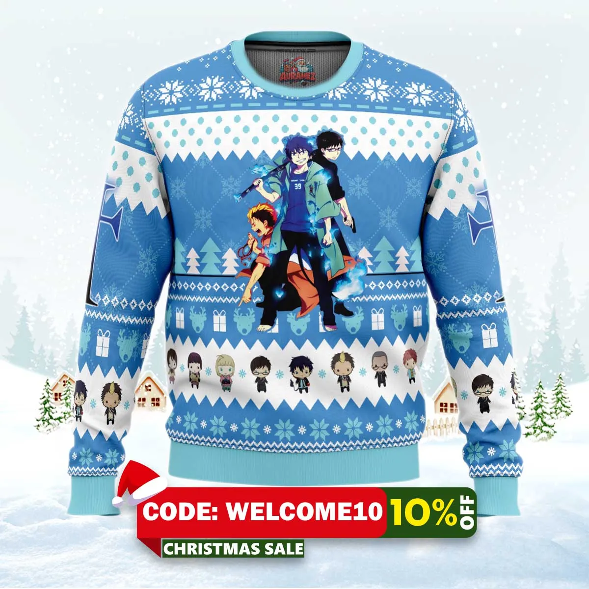 the trio blue exorcist ugly christmas sweater 1 the trio blue exorcist ugly christmas sweater 1