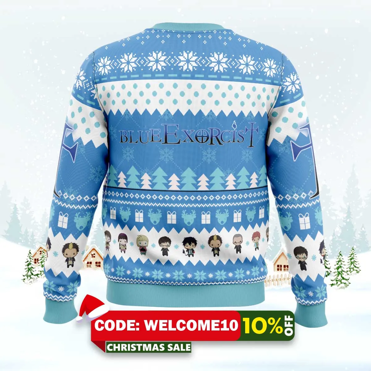 the trio blue exorcist ugly christmas sweater 2 the trio blue exorcist ugly christmas sweater 2
