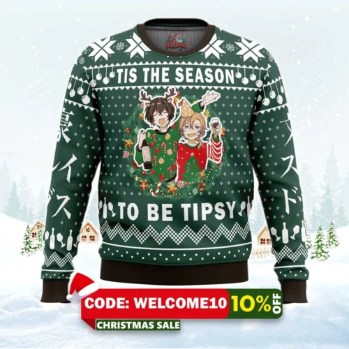 tis the season to be tipsy bungo stray dogs ugly christmas sweater 1