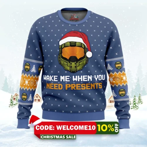 wake me when you need presents halo ugly christmas sweater 1