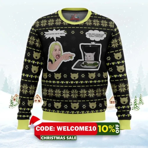 woman yelling at cat meme ugly christmas sweater 1