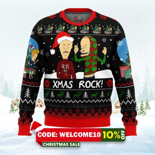 xmas rock beavis and butthead ugly christmas sweater 1