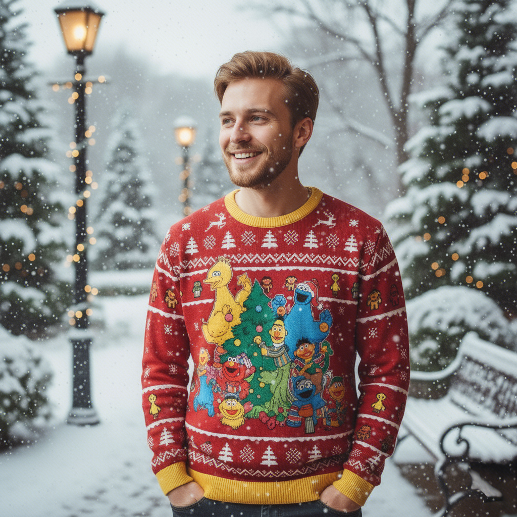 Daniel Royld, an Auramez customer, proudly wearing his ugly sweater at an office holiday party.