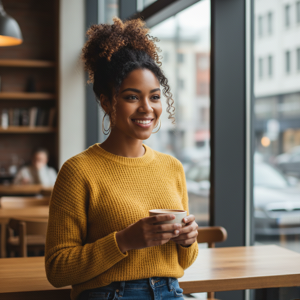 Sarah Marie, a happy Auramez customer, smiling in her new family Christmas pajamas.